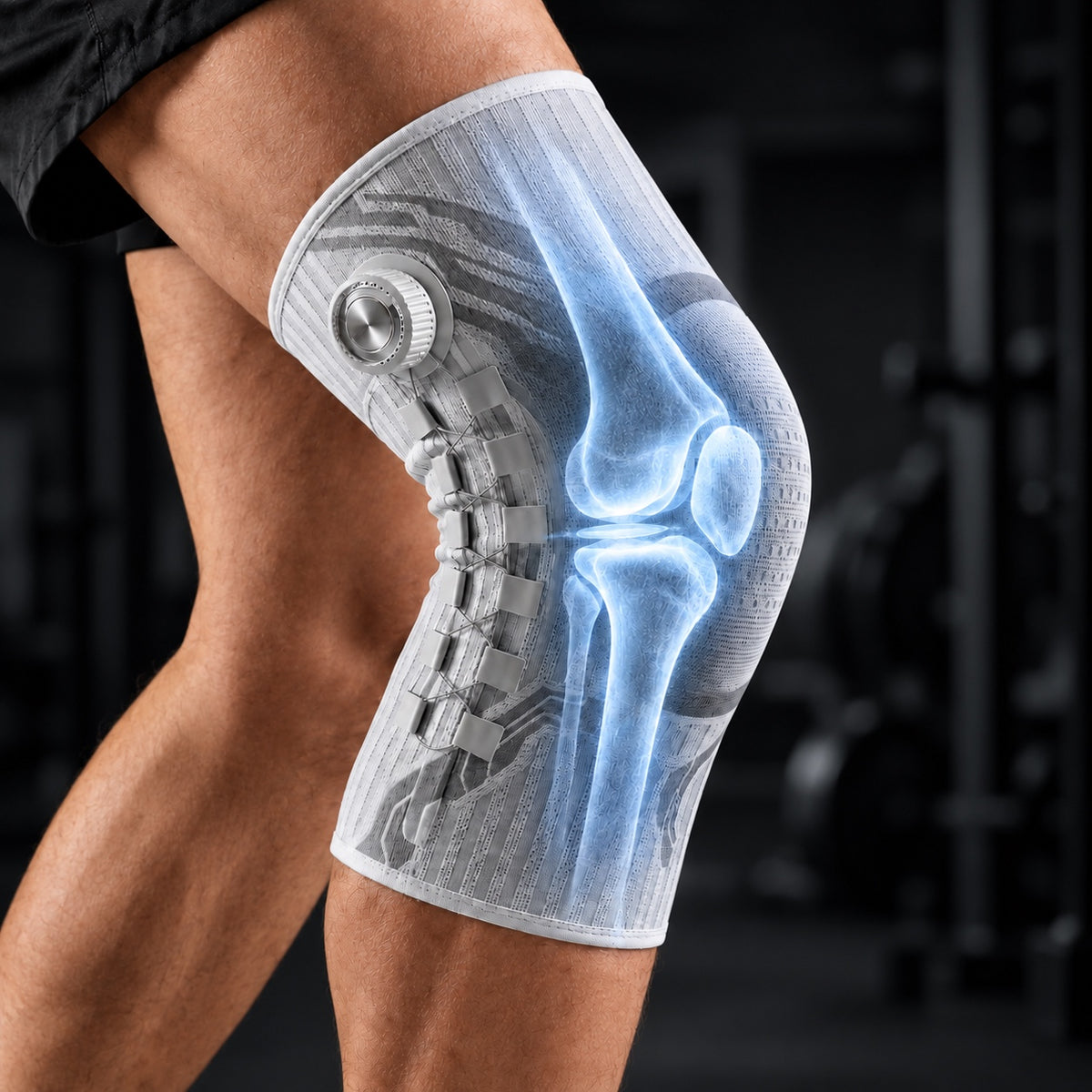 Rodillera de Alto Rendimiento TodoTop puesta en la rodilla, con vista de rayos X de la articulación