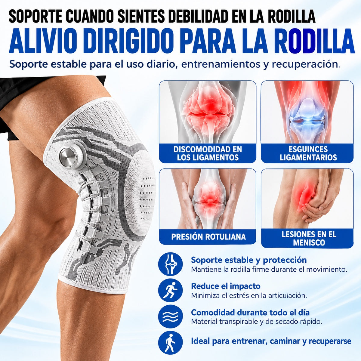 Soporte estable de rodilla para uso diario, entrenamiento y recuperación