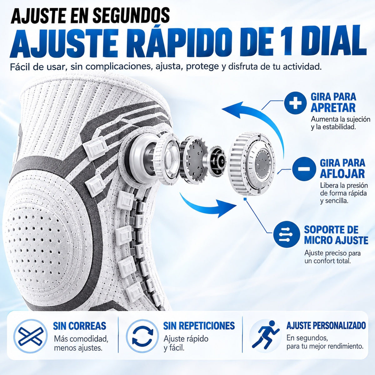 Sistema de ajuste rápido con una sola rueda: girar para apretar o aflojar