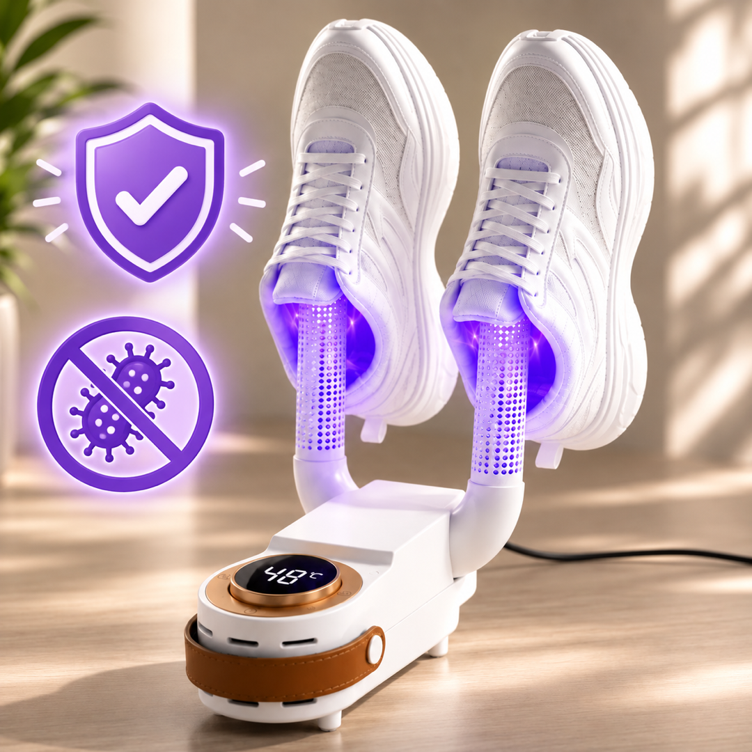 Secador de zapatillas FreshDry con luz UV secando zapatillas blancas